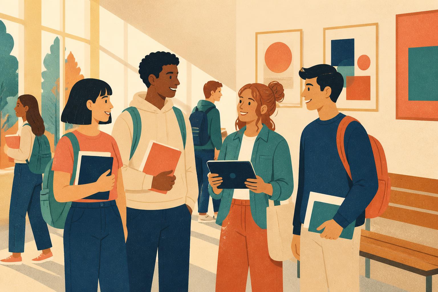 Ilustración editorial de estudiantes conversando en un pasillo escolar