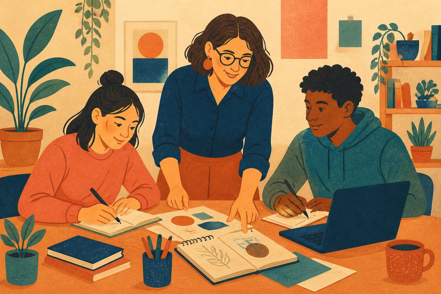Ilustración editorial de una docente acompañando a dos estudiantes en un proyecto